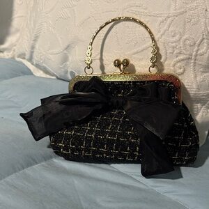 Elegant Black Tweed Clutch with Gold Accents